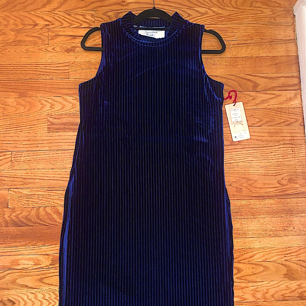Velvet Navy Blue Long Turtleneck Top W/ Side Slits